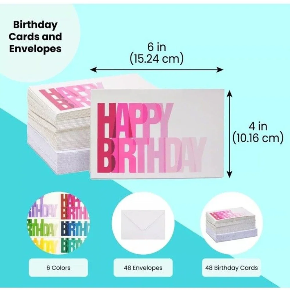 48 Pack 4x6-inch Happy Birthday Cards with Envelopes (6 Colorful Assortment)